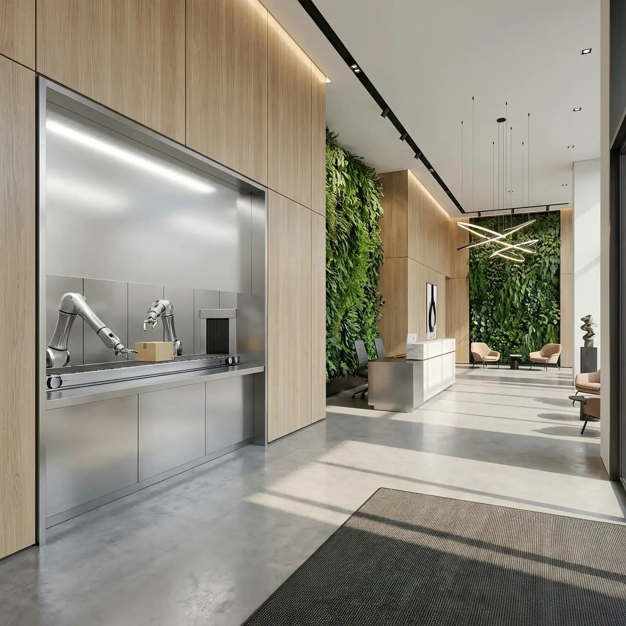 Архитектура и дизайн: Роботизированная станция приема посылок и дронов в современном высокотехнологичном вестибюль