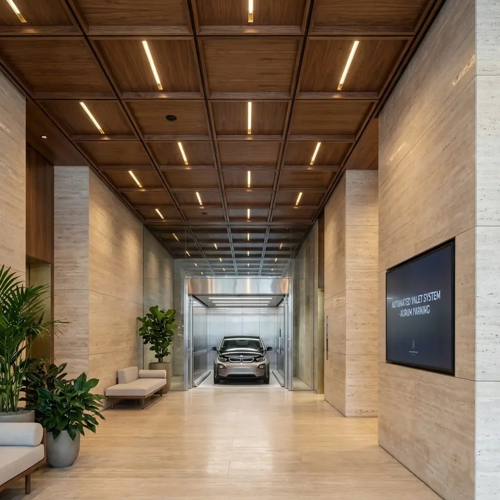 Архитектура и дизайн: Гость оставляет машину у входа в вестибюль, и роботизированная платформа незаметно увозит её в подземное хранилище