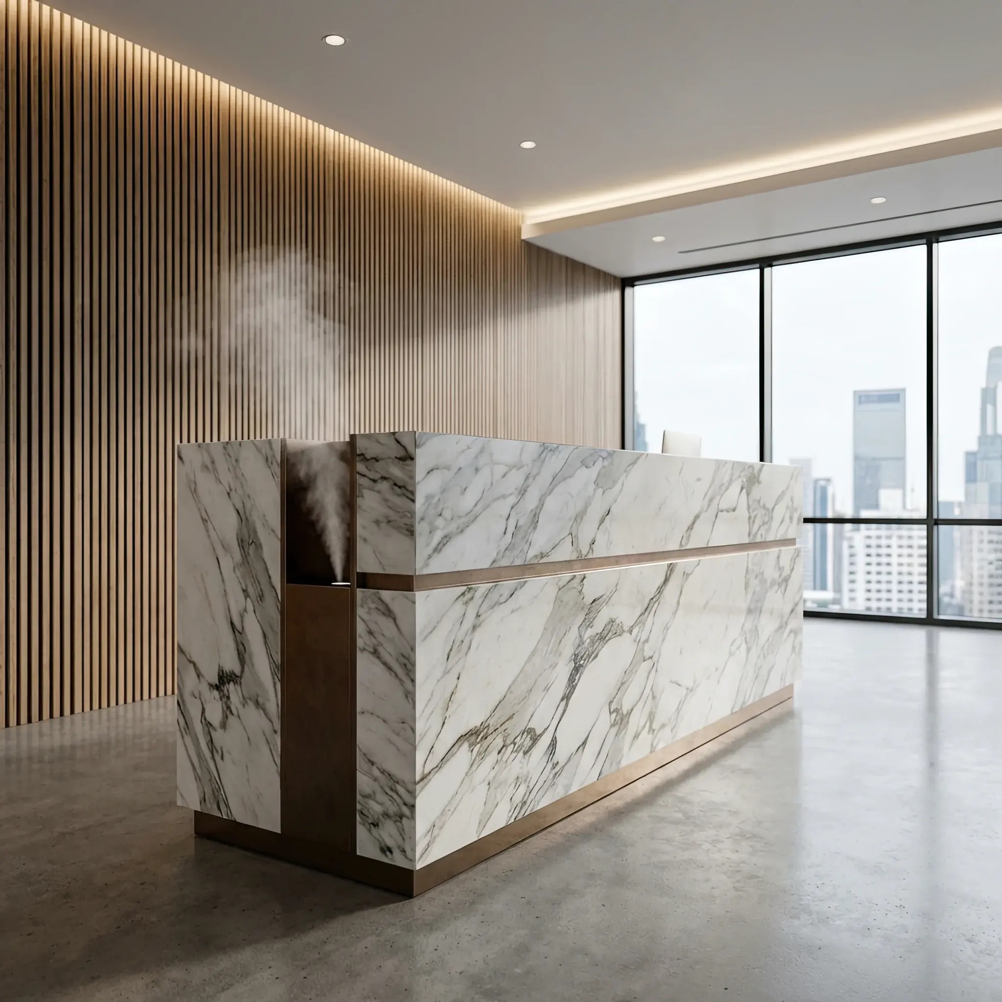 Архитектура и дизайн: Стильный диффузор, интегрированный в мраморную стойку приемная, выпускающий тонкую струю холодного пара