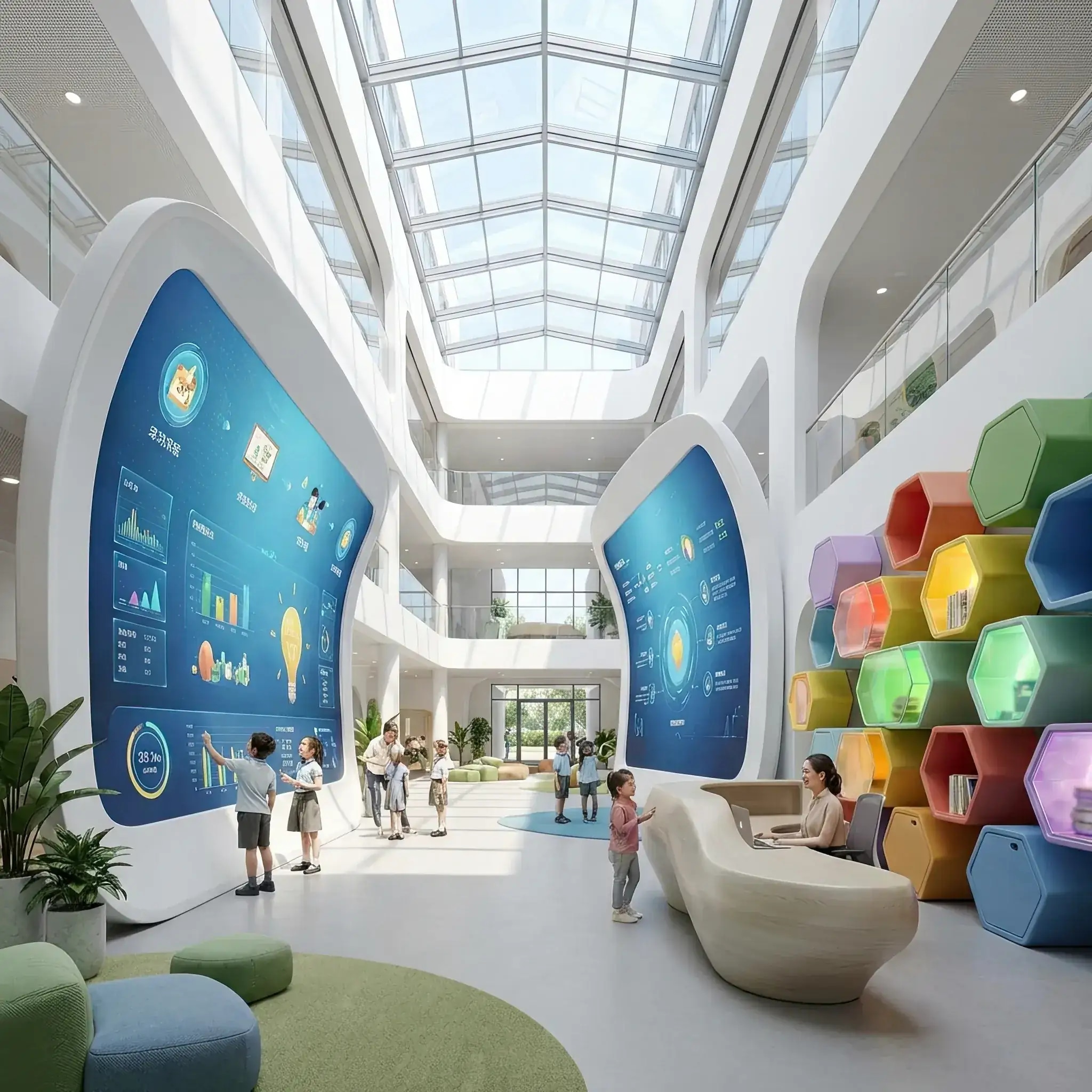 Архитектура и дизайн: Яркий и дружелюбный приемная современной частной школы с использованием натурального дерева и интерактивных панелей