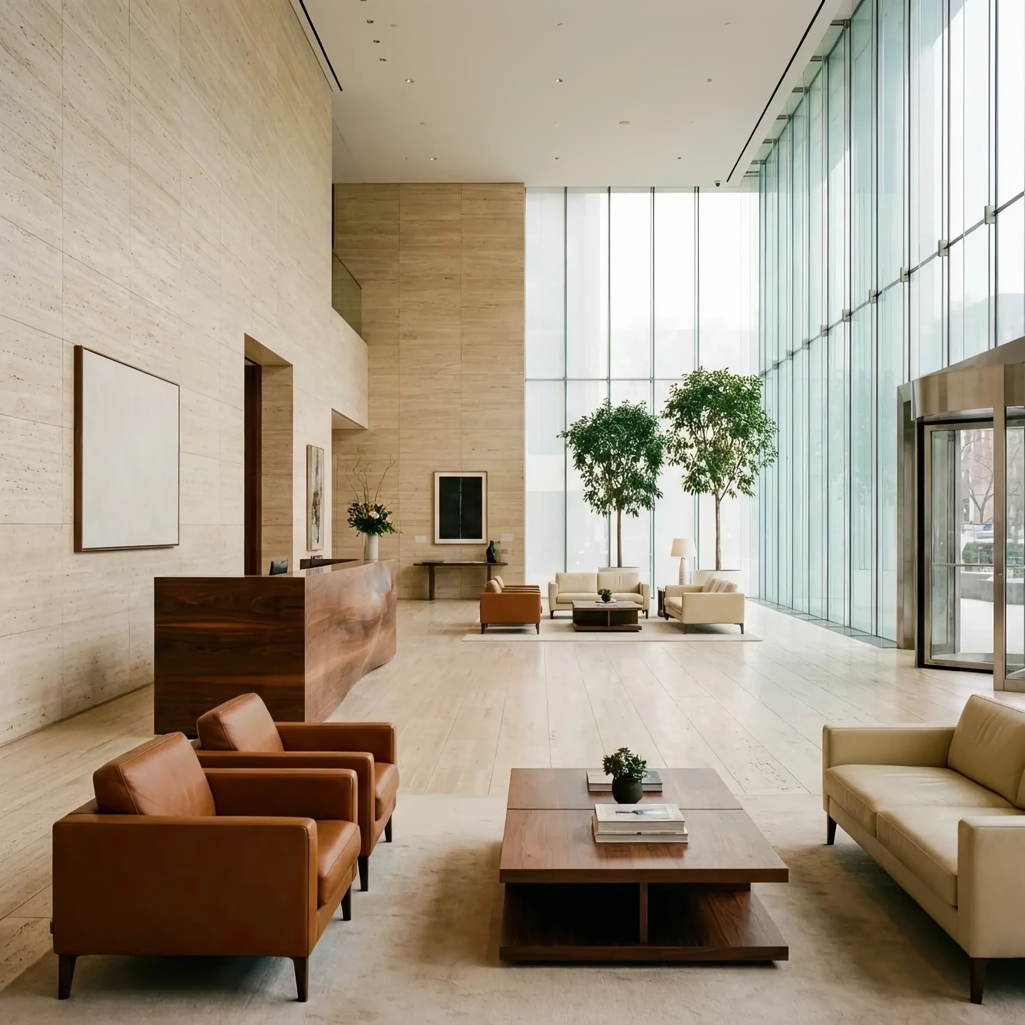 Архитектура и дизайн: Минималистичное вестибюль с волнистыми акустическими панелями на потолке и скрытыми динамиками