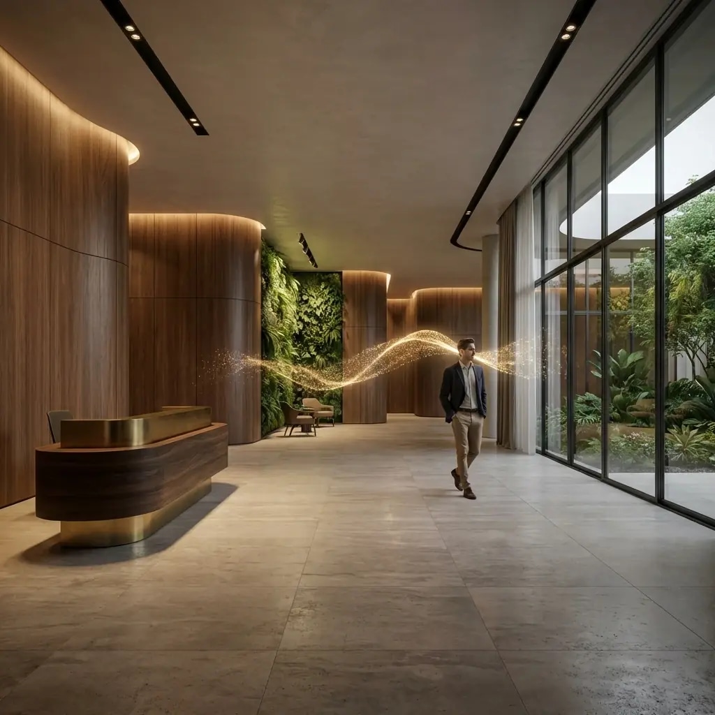 Архитектура и дизайн: Гость идет по вестибюль, и прямо у его уха раздается мягкий голос персонального ассистента, информирующий о прибытии такси, при этом окружающие ничего не слышат